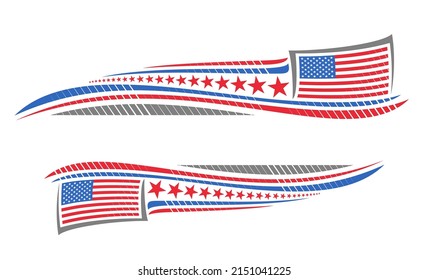 Vector border for American Holidays with blank copy space for congratulation text, banner with illustration of national american flag, stars and decorative stripes for us holidays on white background