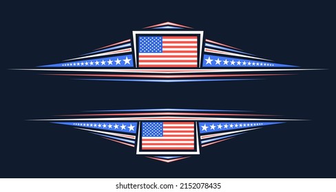Vector border for American Holidays with blank copy space for text, decorative layout with illustration of national american flag, festive stars and stripes for us military holidays on dark background