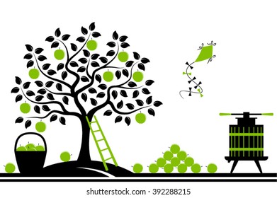 vector border with apple tree, fruit press and basket of apples isolated on white background