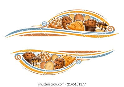 Vector border for Baked Goods with blank copyspace for text, decorative signage with illustration of various sweet bakes, butter cookies, french sweets with custard creme and drizzle danish cinnabon