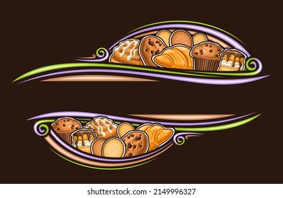 Vector border for Baked Goods with empty copy space for text, decorative signage with illustration of variety sweet bakes, butter cookies, french sweets with custard cream, icing danish cinnamon roll