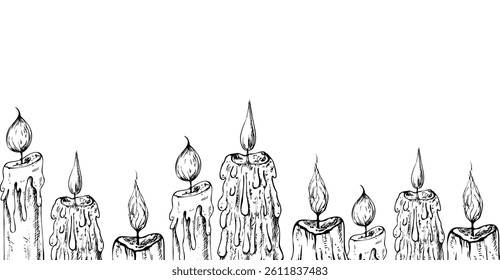 Vector border, banner candle with wick and wax. Hand painted linear candlelight illustration style for Christmas or birthday design. Graphic monochrome sketch isolated on background. For designers