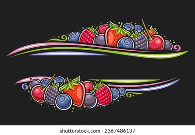 Vector border for Berries with copy space for text, decorative sign board with garden sweet strawberry, sour cherry berry, forest blackberries, ad voucher with many assorted berries on dark background