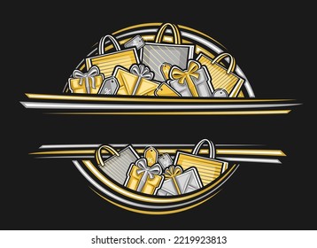 Vector border for Black Friday sale with blank copyspace for advertising text, decorative ad coupon with illustration of variety paper bags and gold gift boxes for black friday sale on dark background