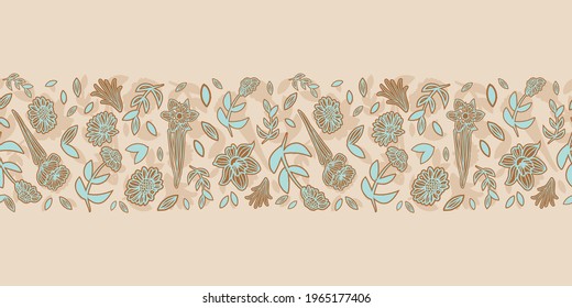 Vector border blue brown flowers seamless pattern