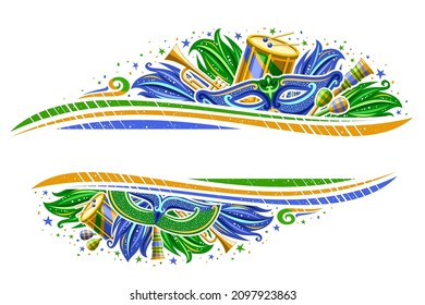 Vector Border para el Carnaval de Brasil con espacio de copia, invitación horizontal con la ilustración de símbolos de carnaval, instrumentos musicales, plumas decorativas azules y verdes para el carnaval en Río de Janeiro