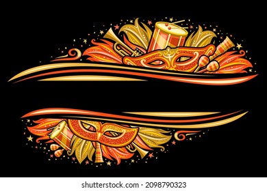 Vector Border for Brazil Carnival with copy space, horizontal invitation with illustration of carnival symbols, musical instruments, golden decorative feathers for night carnival in Rio de Janeiro