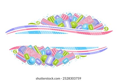 Vector border for Bubble Gum with empty copy space for ad text, sign board with illustration of variety colorful bubble gums, layout with group of many yummy different bubblegums on white background