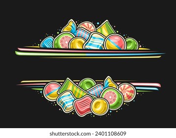 Borde vectorial para Candy Shop con espacio de copia vacío para texto, tablero de signos decorativo con ilustración de caramelos duros envueltos de colores, plantilla con montones de gomas de burbujas de variedad y caramelos de goma de grupo