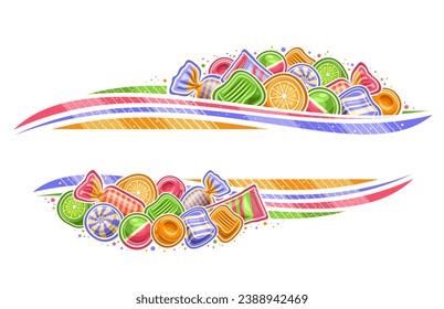 Borde vectorial para la Tienda de Candy con espacio en blanco para texto de anuncios, tablero de anuncios decorativo con ilustración de caramelos duros de envoltura multicolor, diferentes soplones y caramelos de mascar caricaturas grupales