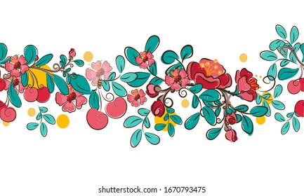 vector border cherry branch with flowers and berries. Repeating pattern length of the strips. Flowers by lines , doodling, art line, for textiles , for Wallpaper, for napkins