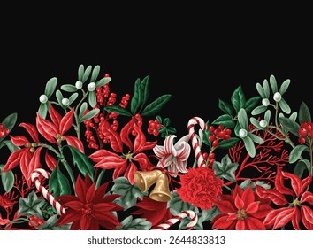 Vector border Christmas pattern with bells candy flowers leaves background.