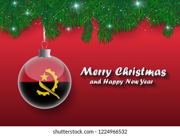 Vector border of Christmas tree branches and ball with angola flag. Merry christmas and happy new year. 
