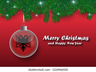 Vector border of Christmas tree branches and ball with albania flag. Merry christmas and happy new year. 