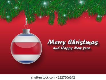 Vector border of Christmas tree branches and ball with Costa Rica flag. Merry Christmas and happy new year. 