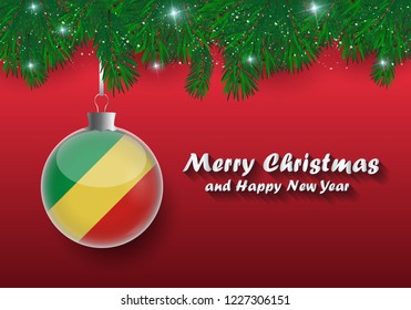 Vector border of Christmas tree branches and ball with congo flag. Merry christmas and happy new year. 