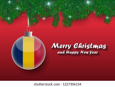 Vector border of Christmas tree branches and ball with Chad flag. Merry Christmas and happy new year. 