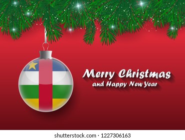 Vector border of Christmas tree branches and ball with Central African republic flag. Merry Christmas and happy new year. 