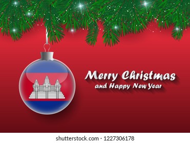 Vector border of Christmas tree branches and ball with cambodia flag. Merry christmas and happy new year. 
