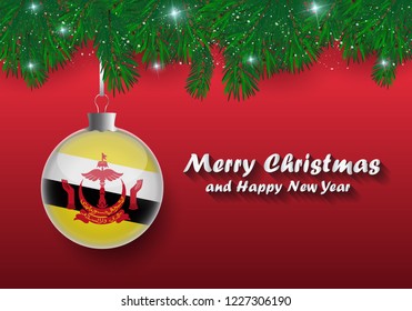 Vector border of Christmas tree branches and ball with Brunei flag. Merry Christmas and happy new year. 