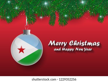 Vector border of Christmas tree branches and ball with djibouti flag. Merry christmas and happy new year. 