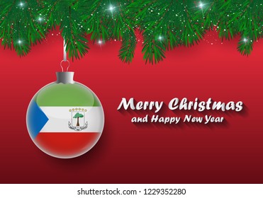 Vector border of Christmas tree branches and ball with equatorial guinea flag. Merry christmas and happy new year. 