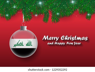 Vector border of Christmas tree branches and ball with iraq flag. Merry christmas and happy new year. 