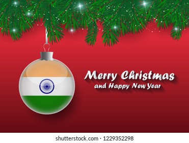 Vector Border Of Christmas Tree Branches And Ball With India Flag. Merry Christmas And Happy New Year. 