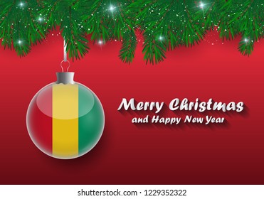 Vector border of Christmas tree branches and ball with guinea flag. Merry christmas and happy new year. 