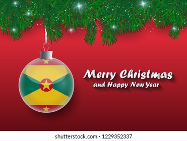 Vector border of Christmas tree branches and ball with grenada flag. Merry christmas and happy new year. 