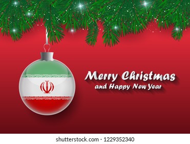 Vector border of Christmas tree branches and ball with iran flag. Merry christmas and happy new year. 