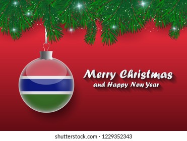 Vector border of Christmas tree branches and ball with gambia flag. Merry christmas and happy new year. 