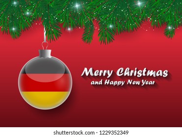 Vector border of Christmas tree branches and ball with germany flag. Merry christmas and happy new year. 