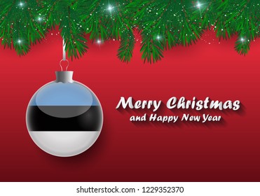 Vector border of Christmas tree branches and ball with estonia flag. Merry christmas and happy new year. 