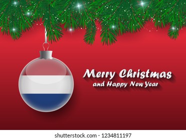 Vector border of Christmas tree branches and ball with netherlands flag. Merry christmas and happy new year. 