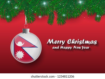 Vector border of Christmas tree branches and ball with nepal flag. Merry christmas and happy new year. 