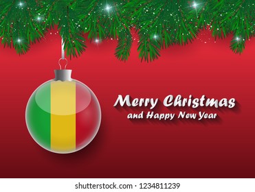 Vector border of Christmas tree branches and ball with mali flag. Merry christmas and happy new year. 