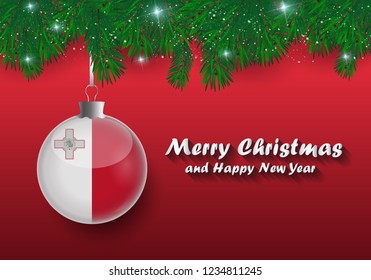 Vector border of Christmas tree branches and ball with malta flag. Merry christmas and happy new year. 