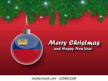 Vector border of Christmas tree branches and ball with liechtenstein flag. Merry christmas and happy new year. 