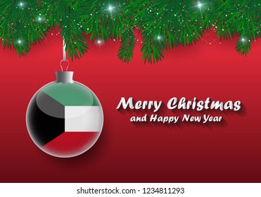 Vector border of Christmas tree branches and ball with kuwait flag. Merry christmas and happy new year. 