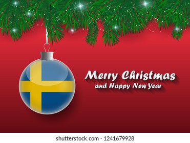 Vector border of Christmas tree branches and ball with sweden flag. Merry christmas and happy new year. 