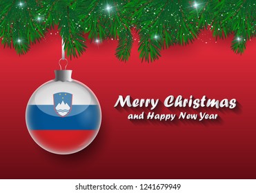 Vector border of Christmas tree branches and ball with slovenia flag. Merry christmas and happy new year. 