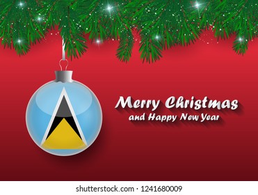 Vector border of Christmas tree branches and ball with saint lucia flag. Merry christmas and happy new year. 