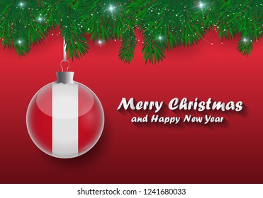 Vector border of Christmas tree branches and ball with peru flag. Merry christmas and happy new year. 