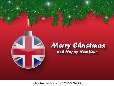 Vector border of Christmas tree branches and ball with united kingdom flag. Merry christmas and happy new year. 