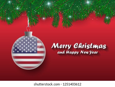 Vector border of Christmas tree branches and ball with USA flag. Merry christmas and happy new year. 