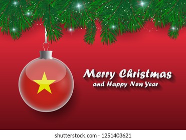 Vector border of Christmas tree branches and ball with vietnam flag. Merry christmas and happy new year. 