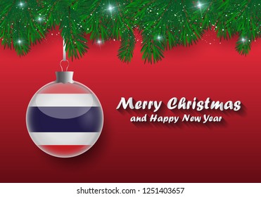 Vector border of Christmas tree branches and ball with thailand flag. Merry christmas and happy new year. 