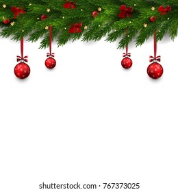 Vector border with Christmas tree Branches and decorations, balls, bows.
Christmas illustration