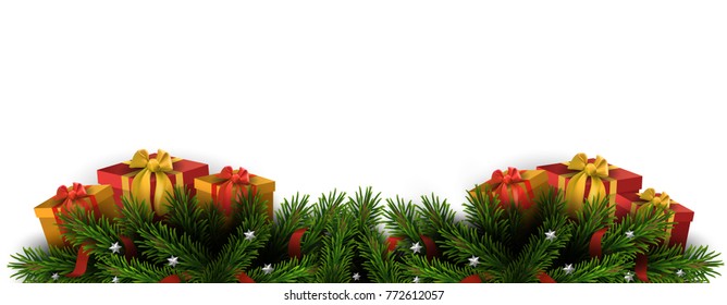 Vector border of Christmas tree branches with red ribbon and silver stars and gift boxes. Season element for greeting card

